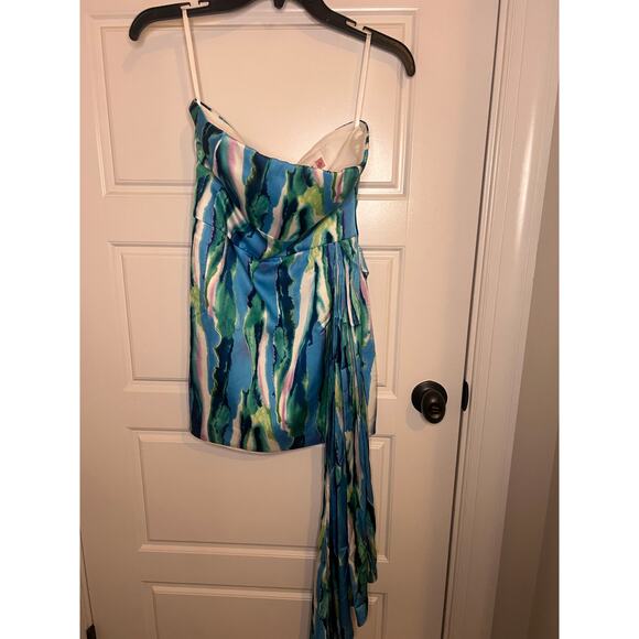 Hello Molly Strapless Watercolor Mini dress Blue/Green size Small 4 Pre-Owned - Picture 2 of 9